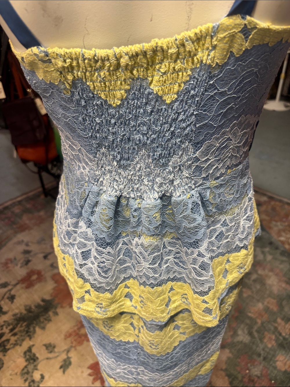 Traffic People Blue and Yellow Lace Tie-Shoulder Midi Dress - Picture 5 of 7